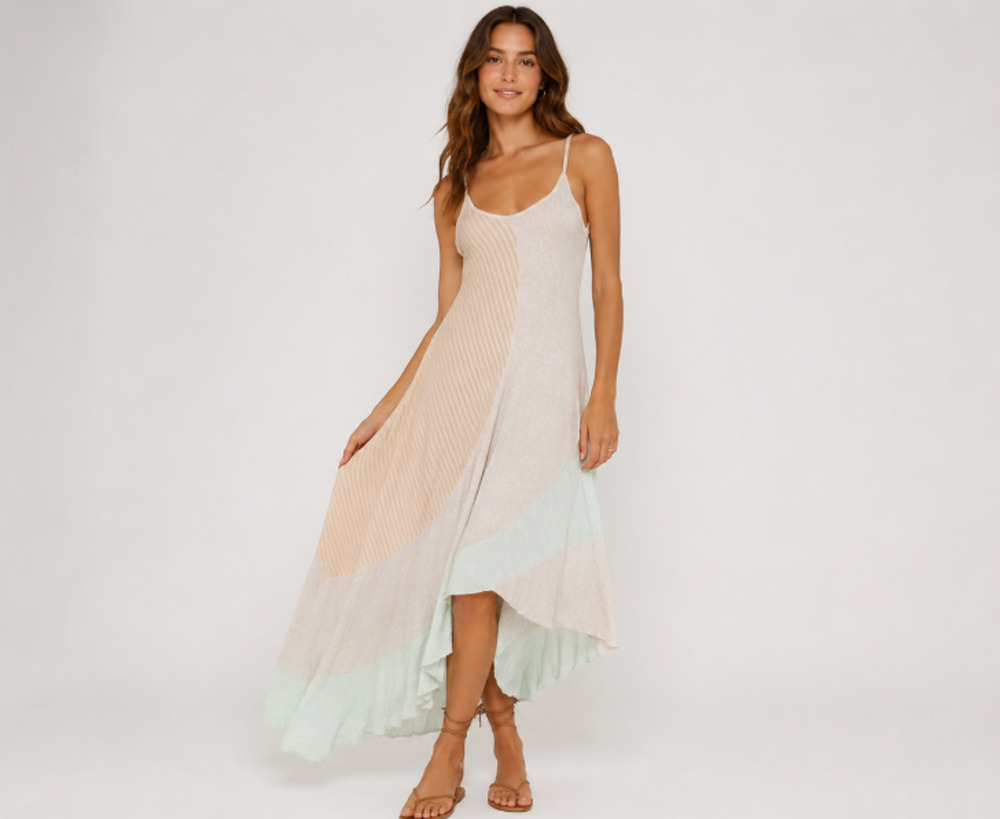 IIsle Boho Asymmetric Maxi Slip Knit Dress Patchwork Sz L Cottagecore Beach Y2K